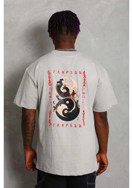 Unisex Oversize Baskılı Bisiklet Yaka T-Shirt - Gri indirimleri