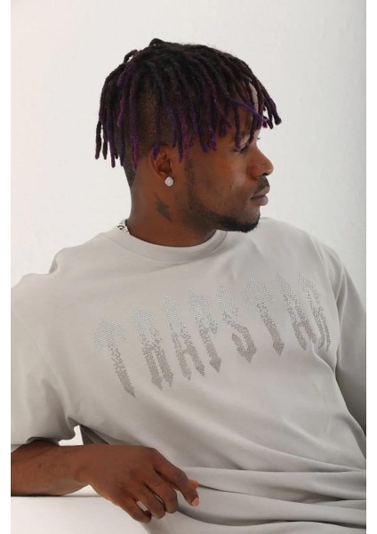 Unisex Oversize Taşlı Bisiklet Yaka T-Shirt - Gri fırsatları