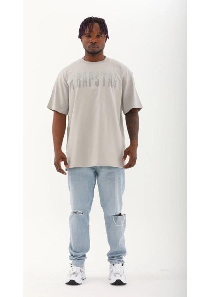 Unisex Oversize Taşlı Bisiklet Yaka T-Shirt - Gri indirimleri