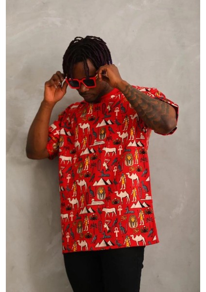 Unisex Oversize Baskılı Bisiklet Yaka T-Shirt - Kırmızı modelleri