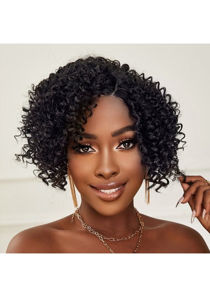 Siyah Kısa Afro Yan Tül Peruk