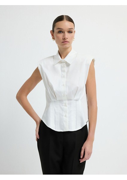 Pile Detaylı Kolsuz Gömlek Beyaz 13044815001