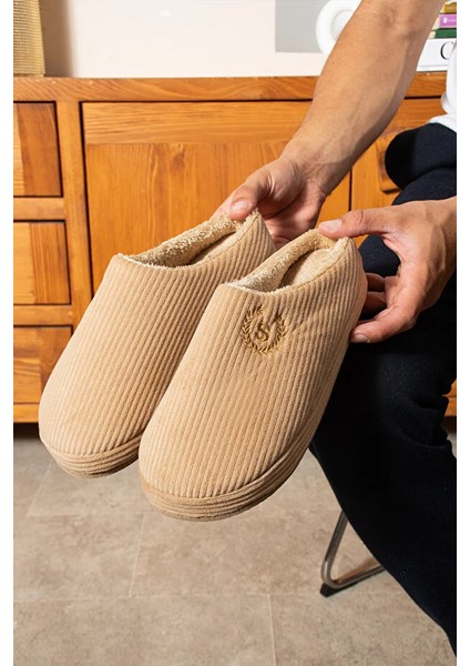 Zaros Merdane Çizgili Peluş Kumaş Içi Tüylü Kaydırmaz Taban Erkek Ev Terliği