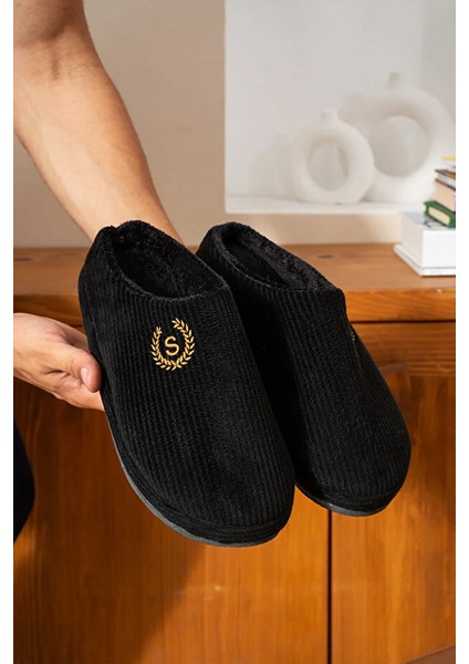 Zaros Merdane Çizgili Peluş Kumaş Içi Tüylü Kaydırmaz Taban Erkek Ev Terliği