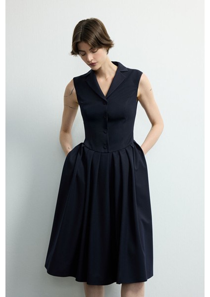 Pileli Kolsuz Elbise Lacivert 124M2220000 fiyatları