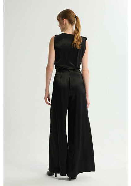 Pileli Geniş Paça Pantolon Siyah 153L9500002 indirimleri