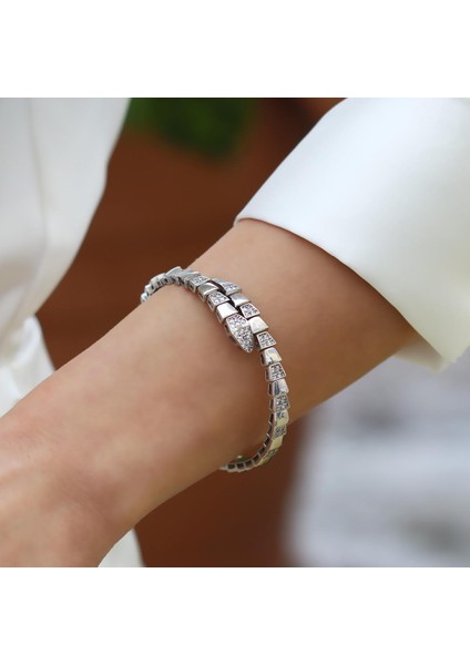 Zirkon Taşlı Serpent Modeli Gümüş Kelepçe fiyatları