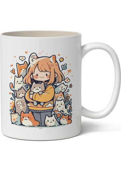 Tatlı Kediler ve Kız Temalı Beyaz Kupa Bardak Arkadaşa Sevgiliye Hediye