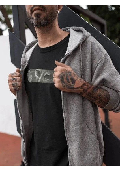 Unisex Bisiklet Yaka Baskılı Oversize T-Shirt - Siyah