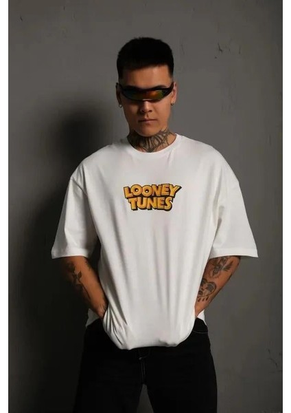Unisex Bisiklet Yaka Baskılı Oversize T-Shirt - Beyaz