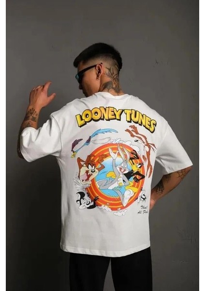 Unisex Bisiklet Yaka Baskılı Oversize T-Shirt - Beyaz fiyatları