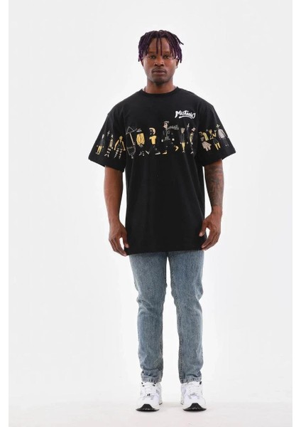 Unisex Bisiklet Yaka Baskılı Oversize T-Shirt - Siyah indirimleri