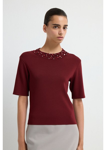 Yakası Taş Detaylı Triko Kazak Bordo 13943006002