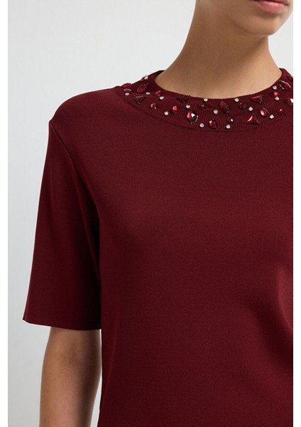Yakası Taş Detaylı Triko Kazak Bordo 13943006002 fiyatları