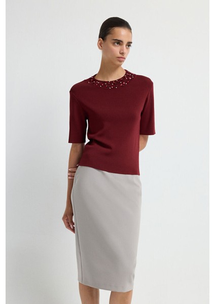 Yakası Taş Detaylı Triko Kazak Bordo 13943006002 fırsatları