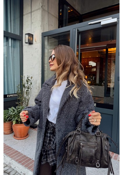 Antrasit Yün Dokulu Astarlı Düğmeli Kaban fiyatları