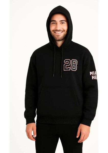 Erkek Kapşonlu Sweatshirt – Üç Iplik Şardonlu Kumaş, Oversize Fit, Ön & Arka Baskılı, Kanguru Cepli, Kışlık Rahat Hoodie - Siyah fiyatları