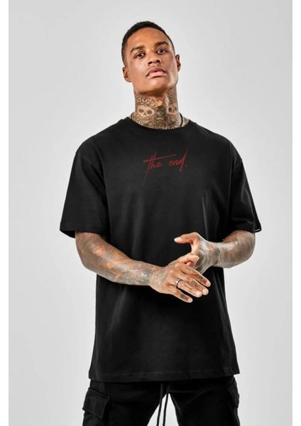 Unisex Baskılı Oversize T-Shirt - Siyah