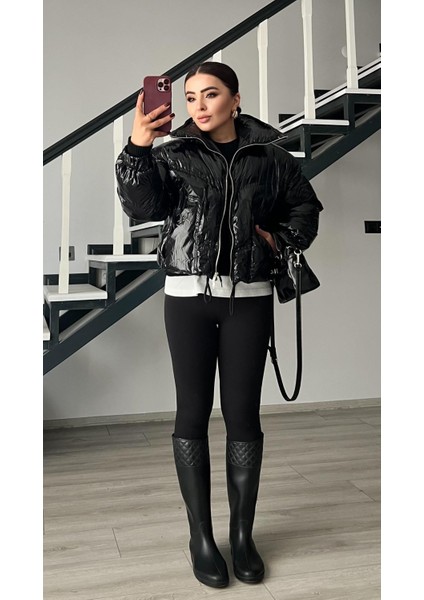 Siyah Bel Büzgülü Parlak Şişme Mont fiyatları