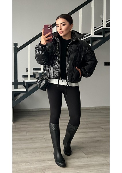 Siyah Bel Büzgülü Parlak Şişme Mont indirimleri