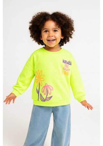 Kız Çocuk Sweatshirt Fosforlu Yeşil Uzun Kollu Yazı ve Çiçek Desenli Çocuk Sweat