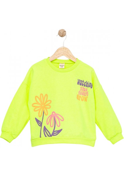 Kız Çocuk Sweatshirt Fosforlu Yeşil Uzun Kollu Yazı ve Çiçek Desenli Çocuk Sweat fiyatları