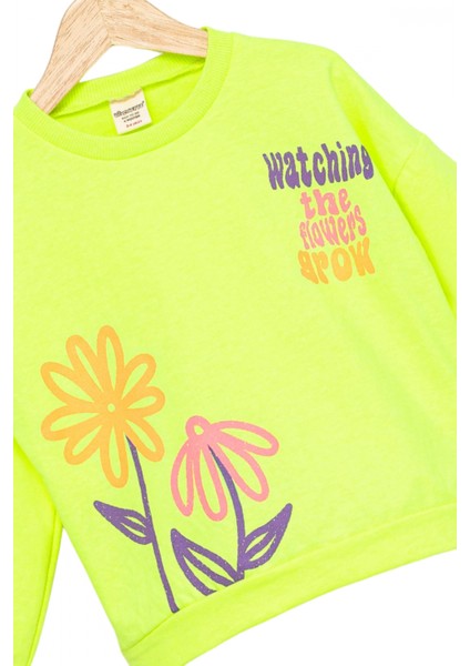 Kız Çocuk Sweatshirt Fosforlu Yeşil Uzun Kollu Yazı ve Çiçek Desenli Çocuk Sweat modelleri