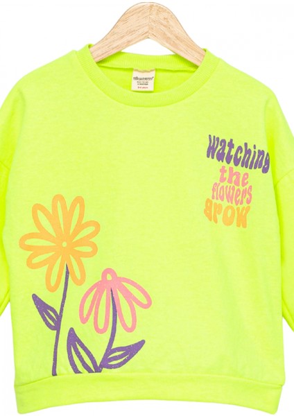 Kız Çocuk Sweatshirt Fosforlu Yeşil Uzun Kollu Yazı ve Çiçek Desenli Çocuk Sweat fırsatları