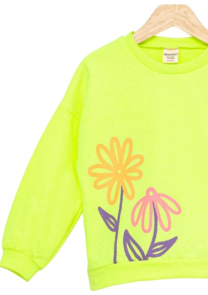 Kız Çocuk Sweatshirt Fosforlu Yeşil Uzun Kollu Yazı ve Çiçek Desenli Çocuk Sweat indirimleri
