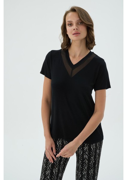Kadın Siyah Renk V Yaka Tül Detaylı Desenli Alt Pijama Takımı C4T4N371 modelleri