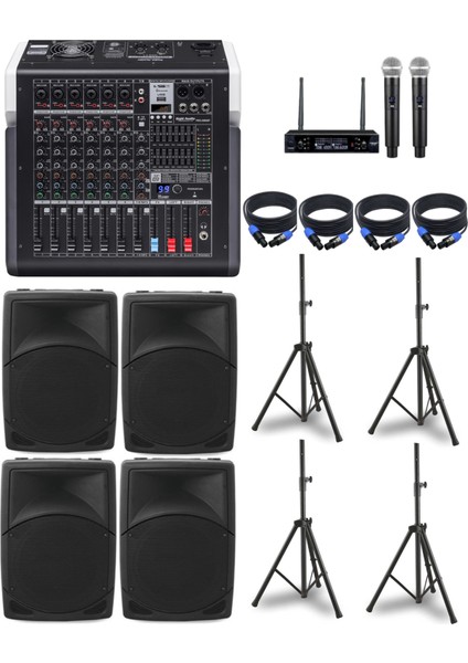 Okul Tören Ses Sistemi Seti | 4X12” Kabin Hoparlörlü Mixer Anfi Mikrofon | Bluetooth USB Destekli