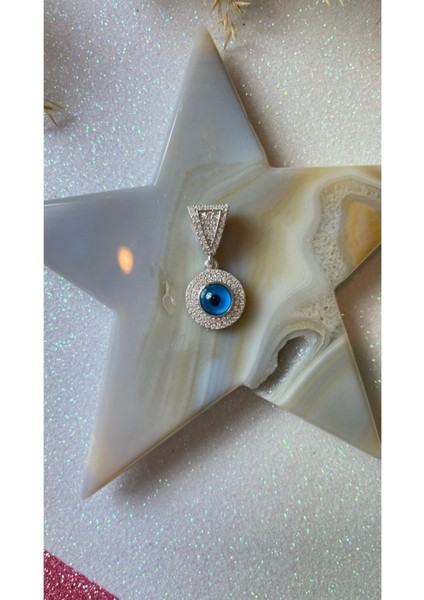 Beyaz Altın Kaplama Nazar Boncuklu 925 Ayar Gümüş Kolye Ucu