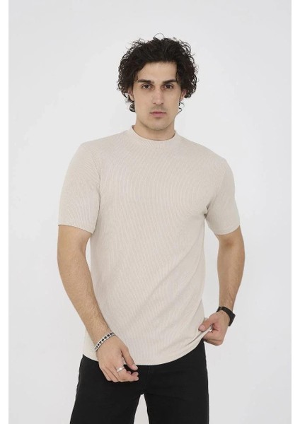 Unisex Bisiklet Yaka Slim Fit T-Shirt- Bej