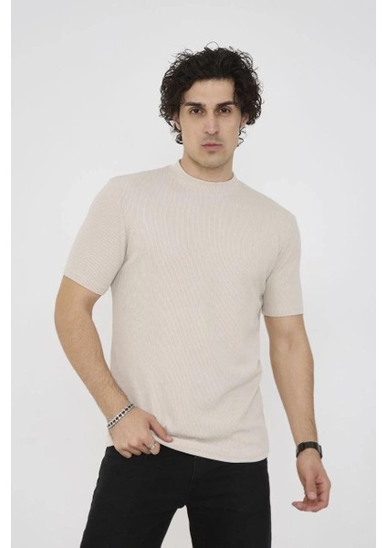 Unisex Bisiklet Yaka Slim Fit T-Shirt- Bej fiyatları