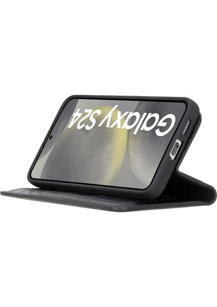 Samsung Galaxy S24 Plus Uyumlu, Deri Cüzdanlı Kılıf, Parlak Siyah modelleri