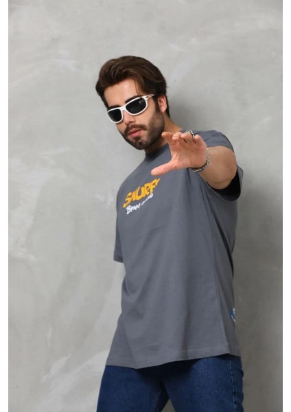 Unisex Basic Bisiklet Yaka Oversize T-Shirt - Füme fiyatları