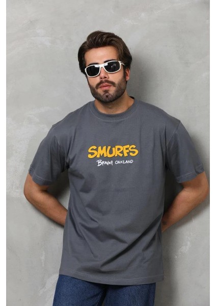 Unisex Basic Bisiklet Yaka Oversize T-Shirt - Füme indirimleri