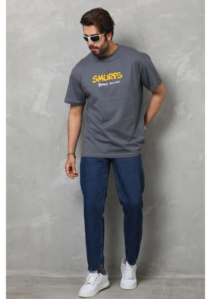 Unisex Basic Bisiklet Yaka Oversize T-Shirt - Füme