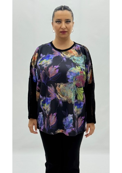 Büyük Beden Viskon Çiçek Desenli Taşlı Uzun Kol Oversize Kadın Bluz