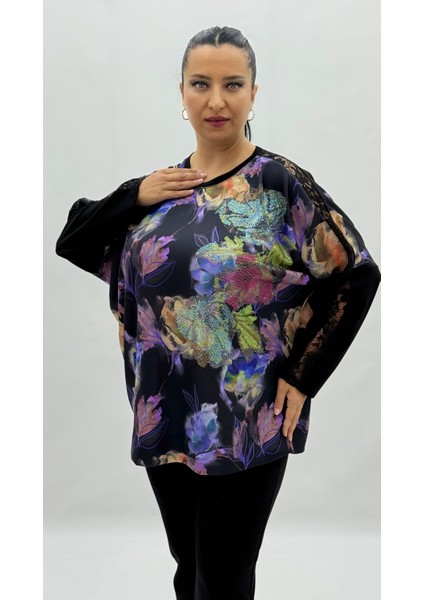 Büyük Beden Viskon Çiçek Desenli Taşlı Uzun Kol Oversize Kadın Bluz fiyatları