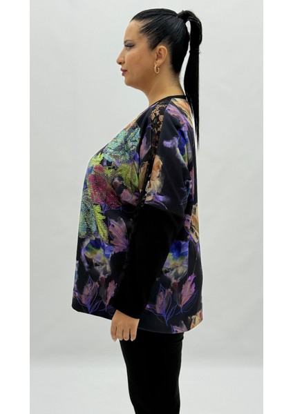 Büyük Beden Viskon Çiçek Desenli Taşlı Uzun Kol Oversize Kadın Bluz modelleri