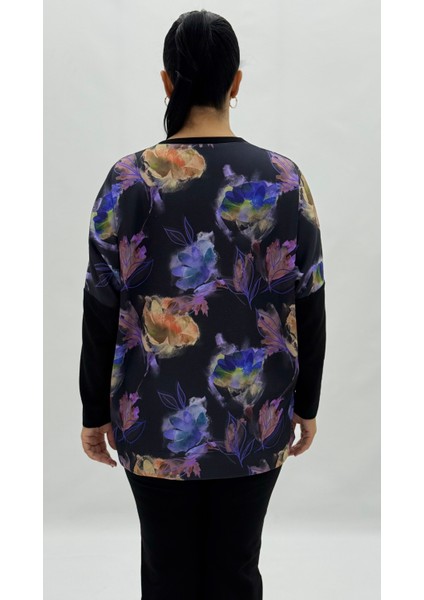 Büyük Beden Viskon Çiçek Desenli Taşlı Uzun Kol Oversize Kadın Bluz fırsatları