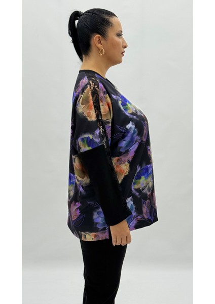 Büyük Beden Viskon Çiçek Desenli Taşlı Uzun Kol Oversize Kadın Bluz indirimleri