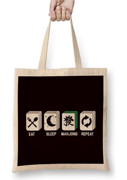 Eat Sleep Mahjong Player Mah-Jongg Tiles Board Game Chinese Beyaz Bez Çanta Uzun Saplı