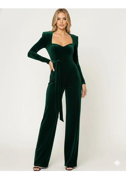 Kadın Siyah Kadife Uzun Kollu Kare Yaka Kemerli Tulum