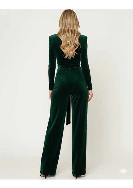 Kadın Siyah Kadife Uzun Kollu Kare Yaka Kemerli Tulum fiyatları