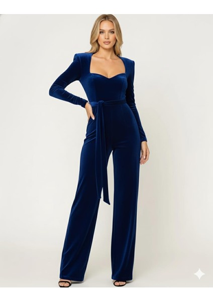 Kadın Siyah Kadife Uzun Kollu Kare Yaka Kemerli Tulum