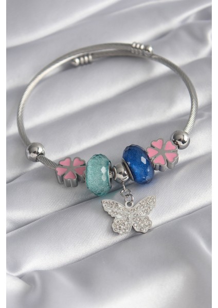 316L Çelik Gümüş Renk Kristal Taşlı Zirkon Taşlı Kelebek Figür Charm Kadın Bileklik - TJ-BB5831