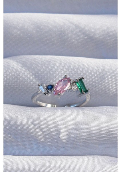 Pirinç Gümüş Renk Renkli Zirkon Taşlı Ayarlanabilir Yüzük - TJ-BYK3238