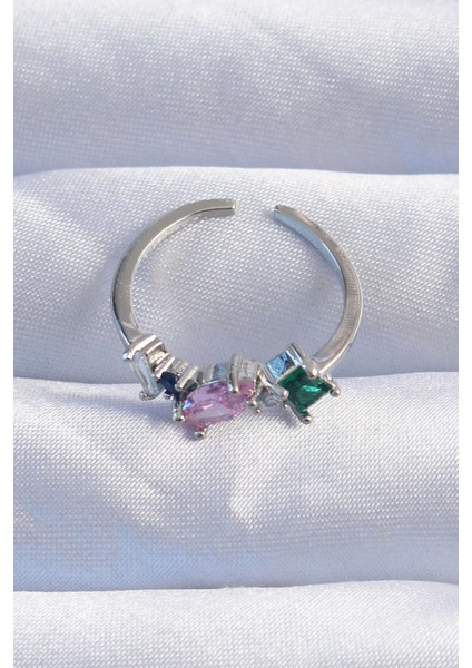 Pirinç Gümüş Renk Renkli Zirkon Taşlı Ayarlanabilir Yüzük - TJ-BYK3238 fiyatları